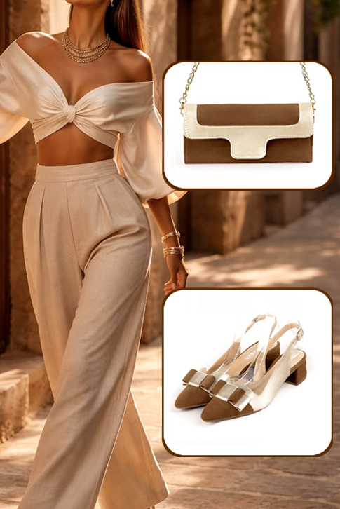 Women's caramel brown and gold elegant slingback heels, with a bow on the front. Tapered toe. Low flare heels - Worn view